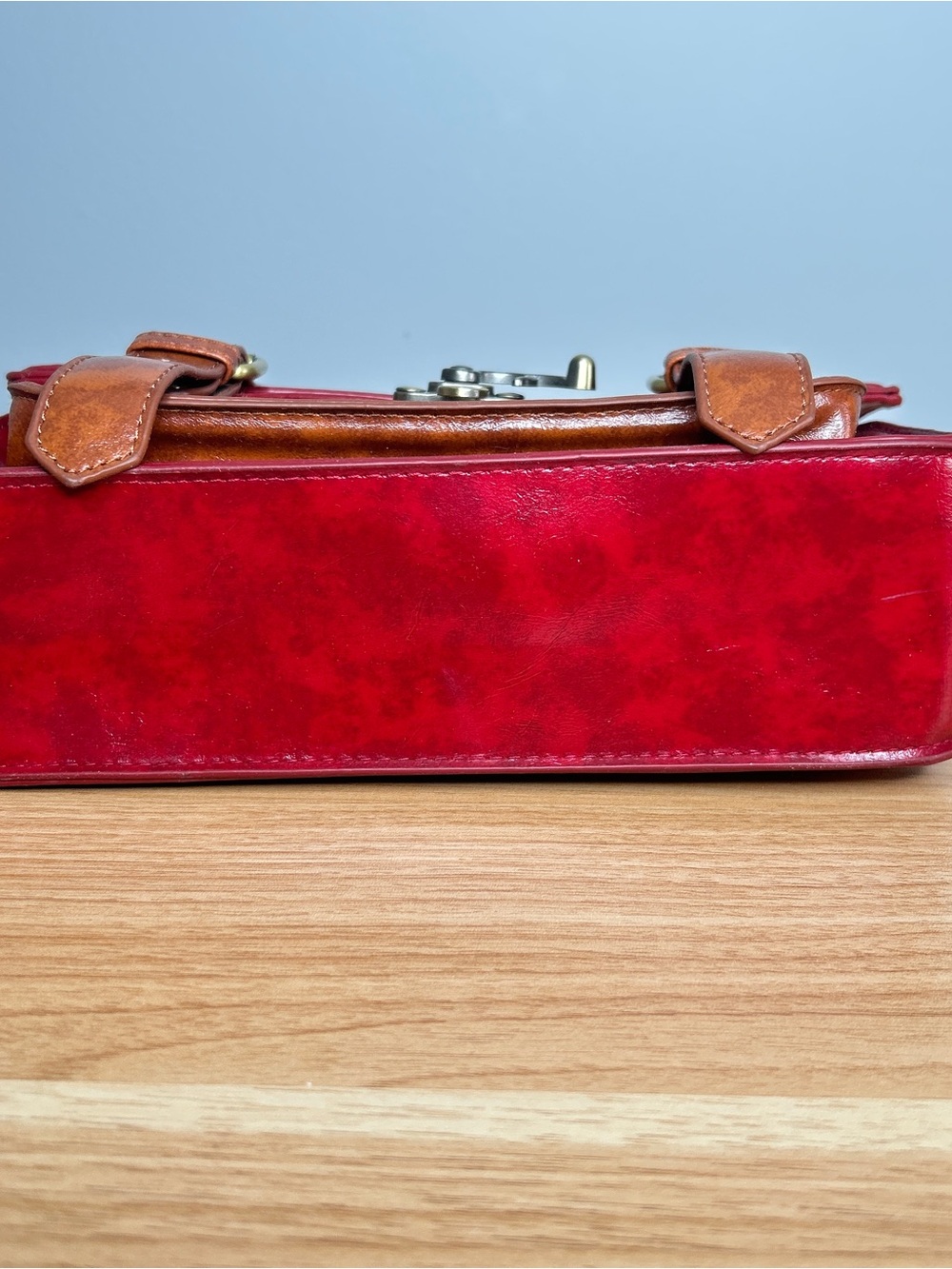Red and Brown Purse Ecosusi Bag Faux Leather Rectangle Satchel with Buckles - Picture 4 of 16